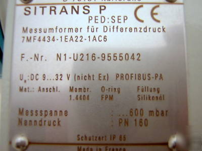 Siemens sitrans pressure transmitter 600 mbar