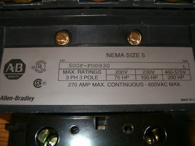 Allen bradley motor starter contactor 500F-FOD930 