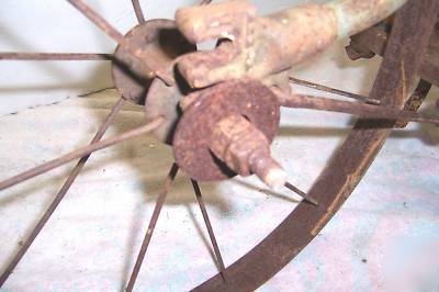 Vintage iron age hand garden wheel cultivator