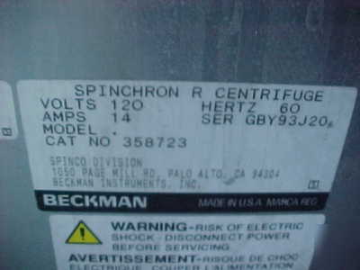 Beckman spinchron r centrifuge with rotor & buckets