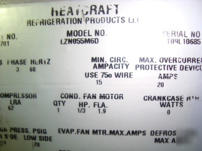 Larkin 5 hp LZN055M6D 460V 3PH hypercore refrigeration