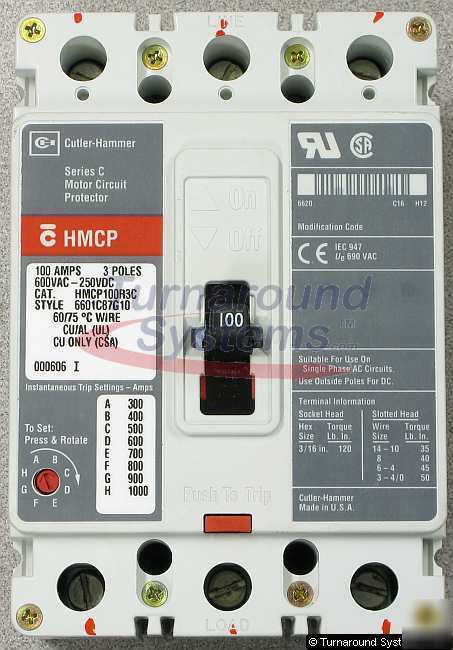 Cutler-hammer HMCP100R3C motor breakers, 100 amp