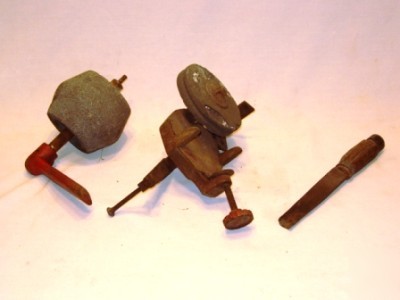 Lot 2 antique grinders bench grinding wheels file rasp