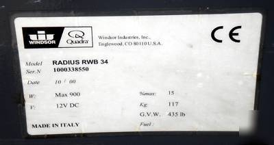 Windsor radius RWB34 warehouse sweeper w charger