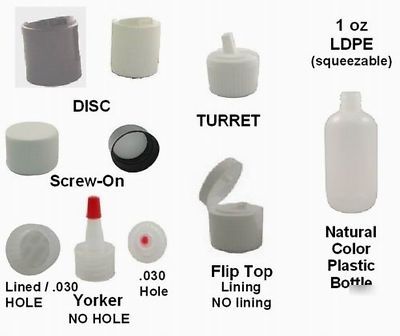 1 oz ldpe plastic bottles + yorker no hole caps ~ 10