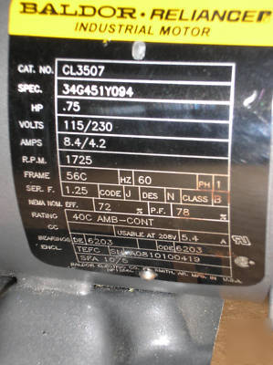 Baldor motor 3/4 hp, 115/230 vac, 1725 rpm