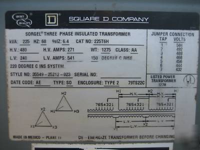 Square d transformer 225KVA 480/240 225 kva 3 ph delta
