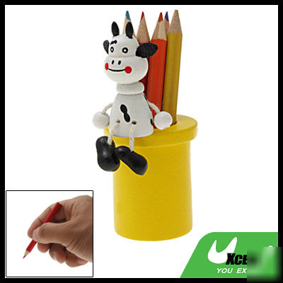 Milk cow pattern wooden pencil case holder yellow