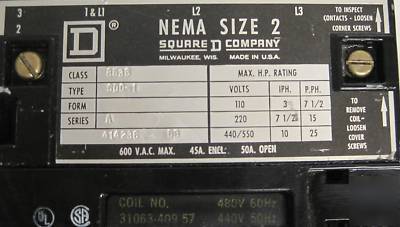 Square d size 2 full voltage starter 25HP 8536SDO1V06
