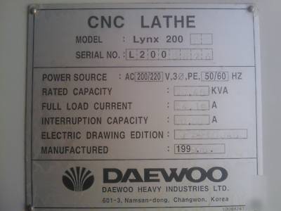 1999 daewoo lynx 200 gl gantry loader turning center