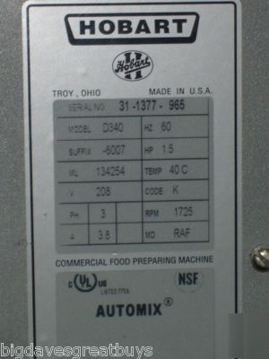 Hobart D340 40QT mixer approx 3 years old