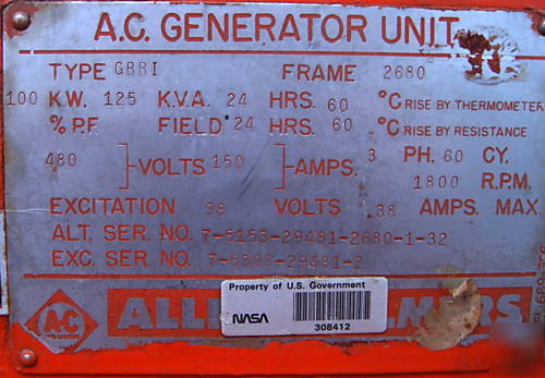  nasa backup generator allis chalmers diesel 100KW 