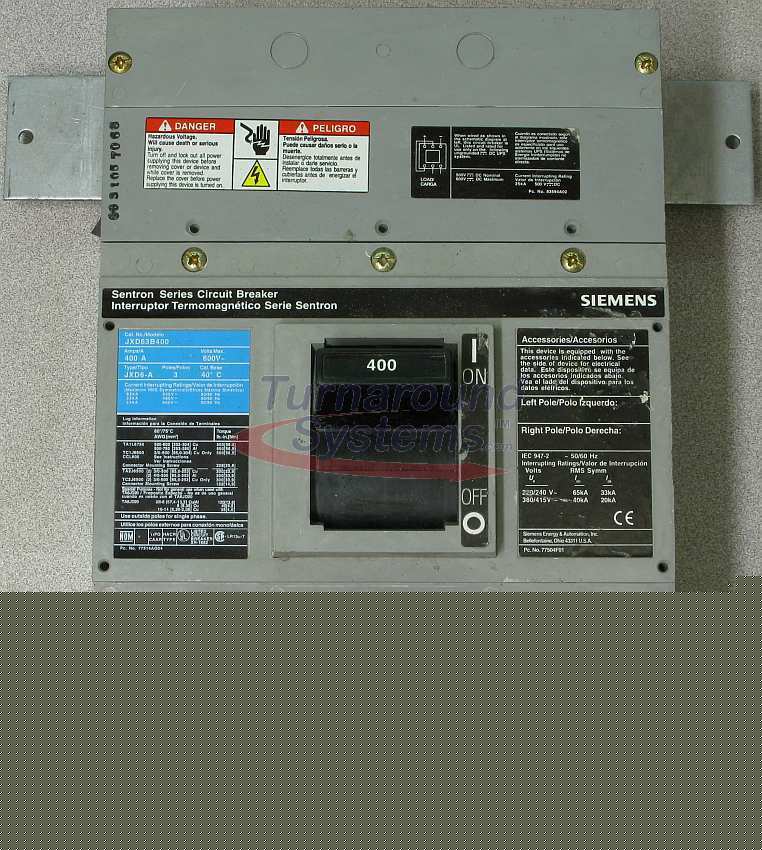 Siemens JXD63B400 circuit breaker, 400 amp, 600 volt