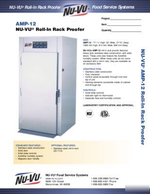 Nu vu amp-12 roll-in proofing oven with auto mist 