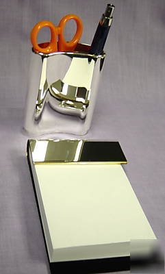 New executive silver plate desk pen holder add mono