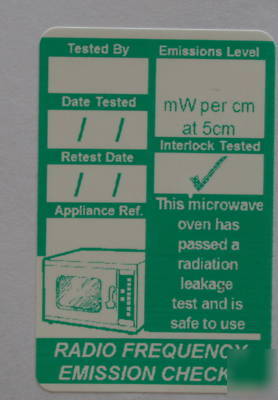 100 durable microwave emissions test pass, pat labels