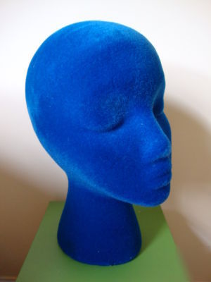 Blue styrofoam mannequin head hat wig display form