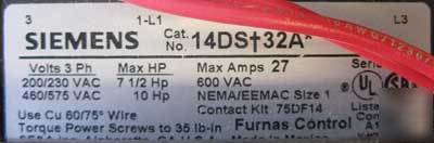 New furnas 14DS+32A* size 1 starter 3 ph 27A 600V