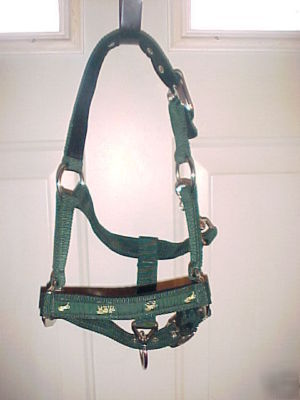 Padded pony halter, hunter green w/horse overlay