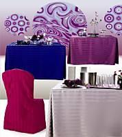 4' table, poly stripe fitted tablecloth, pleated corner