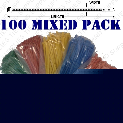 100 pack - 200MM x 4.8MM mixed colour cable zip ties 