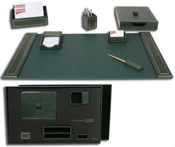 Green leather & 24KT gold tooled 7PC gift set - D5404