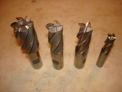 Lot of 4 end mills 1 1/8, 7/8, 3/4, 1/2, 4 & 6FL nice