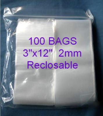 100 3X12 reclosable zip ziplock 2 mil poly bags 3