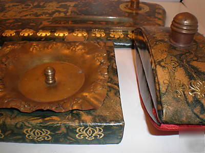 The four pieces.moroccan leather & brass 1930 desk set.
