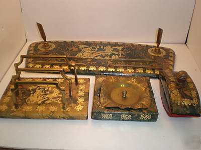 The four pieces.moroccan leather & brass 1930 desk set.