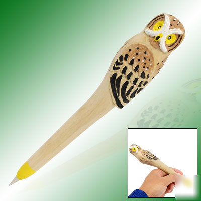 Writing black ink owl shaped carved wooden ball pen