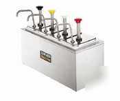 Drop-in serving bar with four plastic jars and pumps
