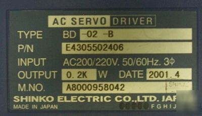 Shinko electric ac servo driver bd-02-b 220V 60HZ 200W