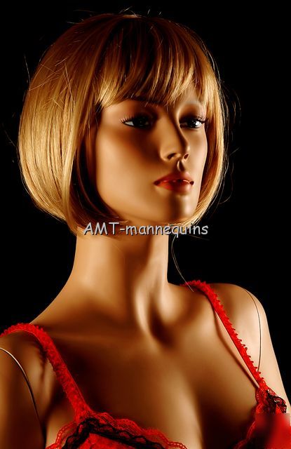 Straight blode short sythetic wig on our manikin-kelly