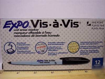 (12) expo vis a vis wet erase markers - black -fine