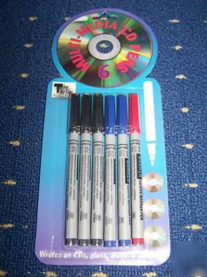 6 multi media cd markers pens 3 black 2 blue 1 red 