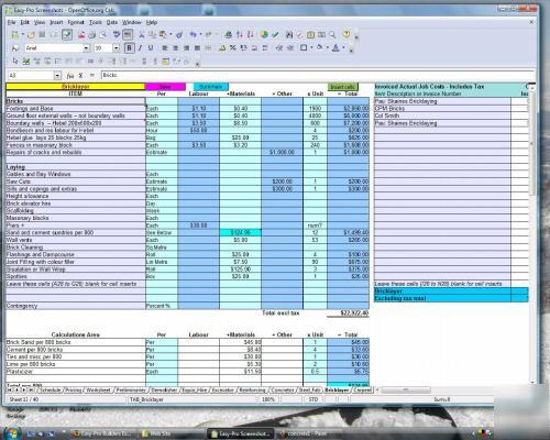 Construction estimating program for builders