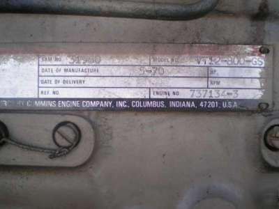 Cummins VT12-800-gs, diesel engine w/450 kw generator