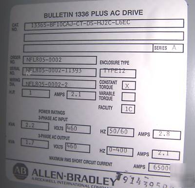 Ab 1336S-BF10CAJ-ct-ds-HJ2C-L6EC 1 hp vfd drive nema 12