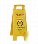 Yellow 2-sided floor sign w/multi-lingual imprint