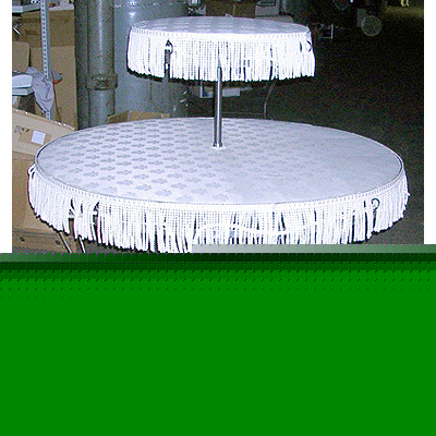 2 tiered steel frame display table w cloth tops fringe