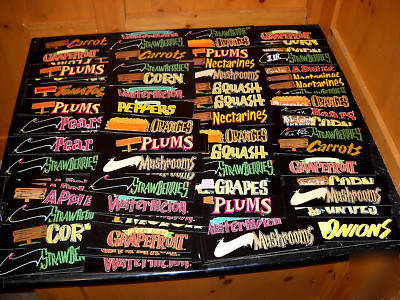 Huge lot of grocery store produce retail display signs