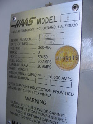 7372 haas vf-6 cnc vertical machining center 1997