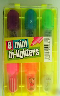6 x mixed colours mini highlighter pens & storage case