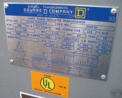 300 kva sq-d transformer 480 to 208Y/120 N1 300T3H 