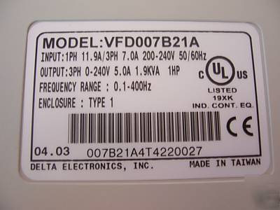 New delta ac inverter drive 1HP 230V VFD007B21A - 