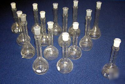 15 pyrex and kimax class a volumetric flasks, 25 ml