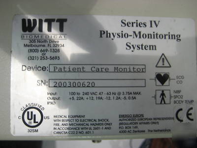 Witt series iv patient care physio monitor system +