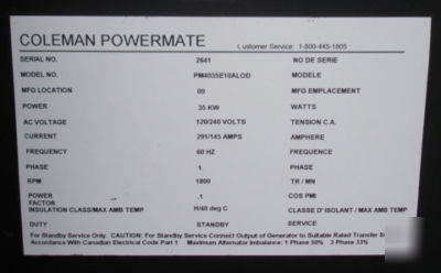 35KW coleman natural gas / propane generator