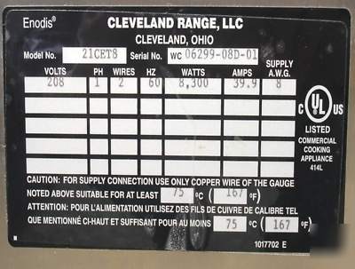 Used cleveland 21CET8 electric convection steamer oven 